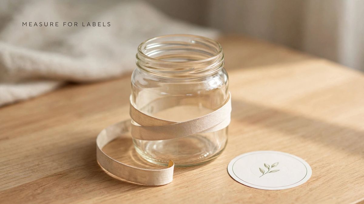 A glass jar with a plain measuring tape wrapped around it beside a round vinyl label.