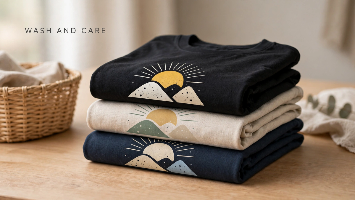 Stack of folded printed t-shirts beside a wicker laundry basket