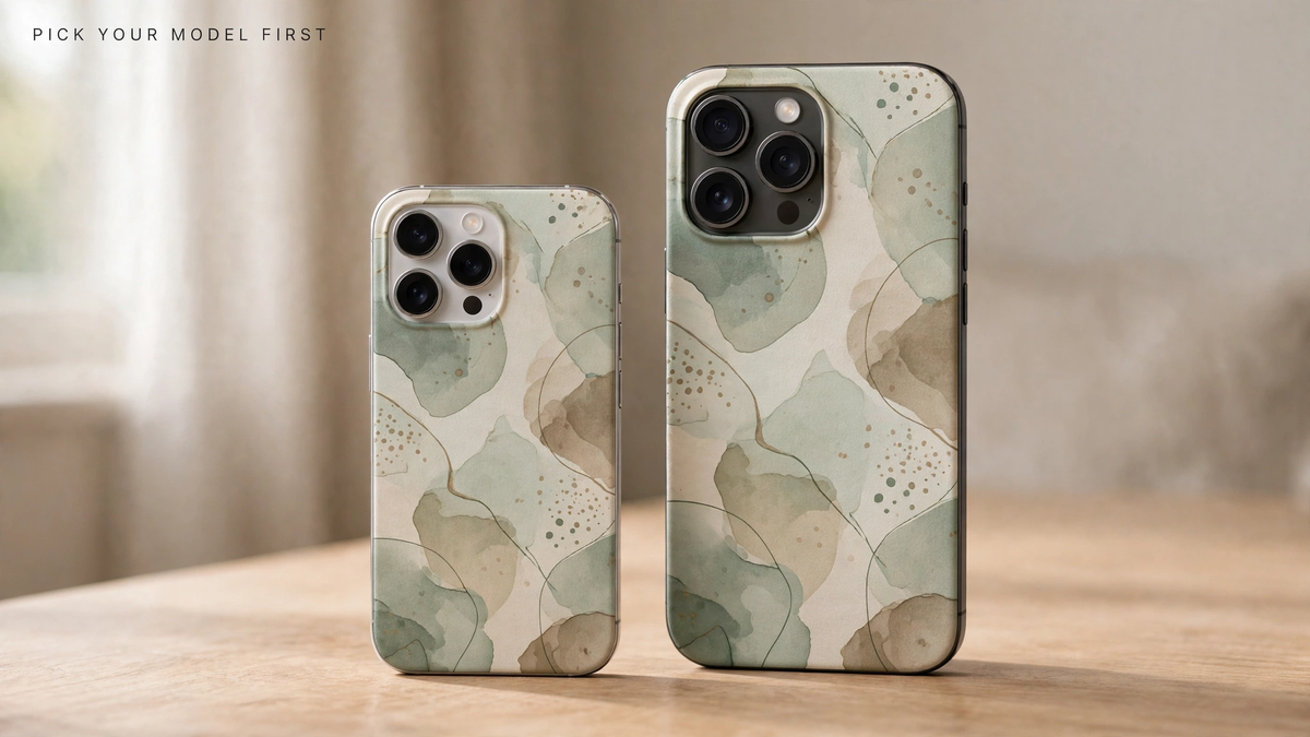 Two different-size iPhones wearing sage and sand abstract vinyl skins with aligned camera cutouts on a wooden table.