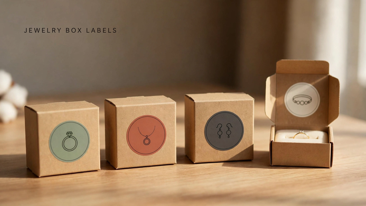 Four small kraft jewelry boxes with color-coded round labels showing ring, necklace, earring and bracelet motifs.