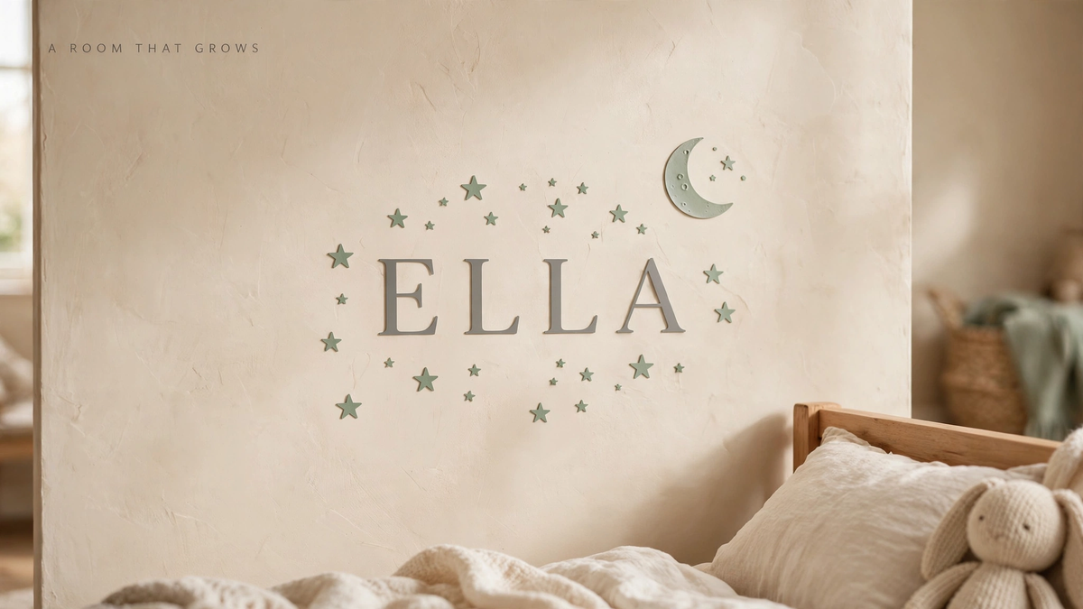 A child bedroom wall with an Ella name decal surrounded by stars and a moon