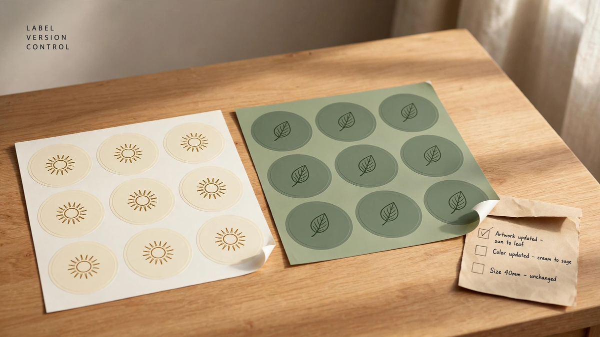 Old cream sun-motif and new sage leaf-motif label sheets side by side with a version checklist.