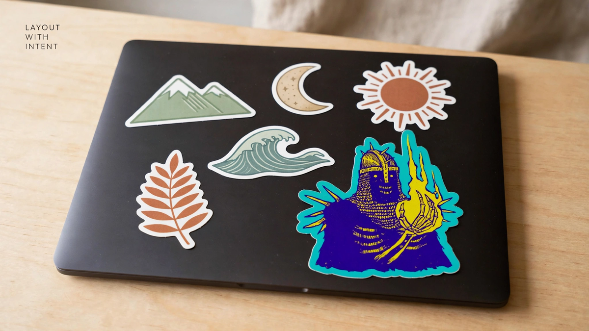 A closed laptop lid decorated with die-cut vinyl stickers of mountains, sun, moon, wave, and leaves in an intentional arrangement.