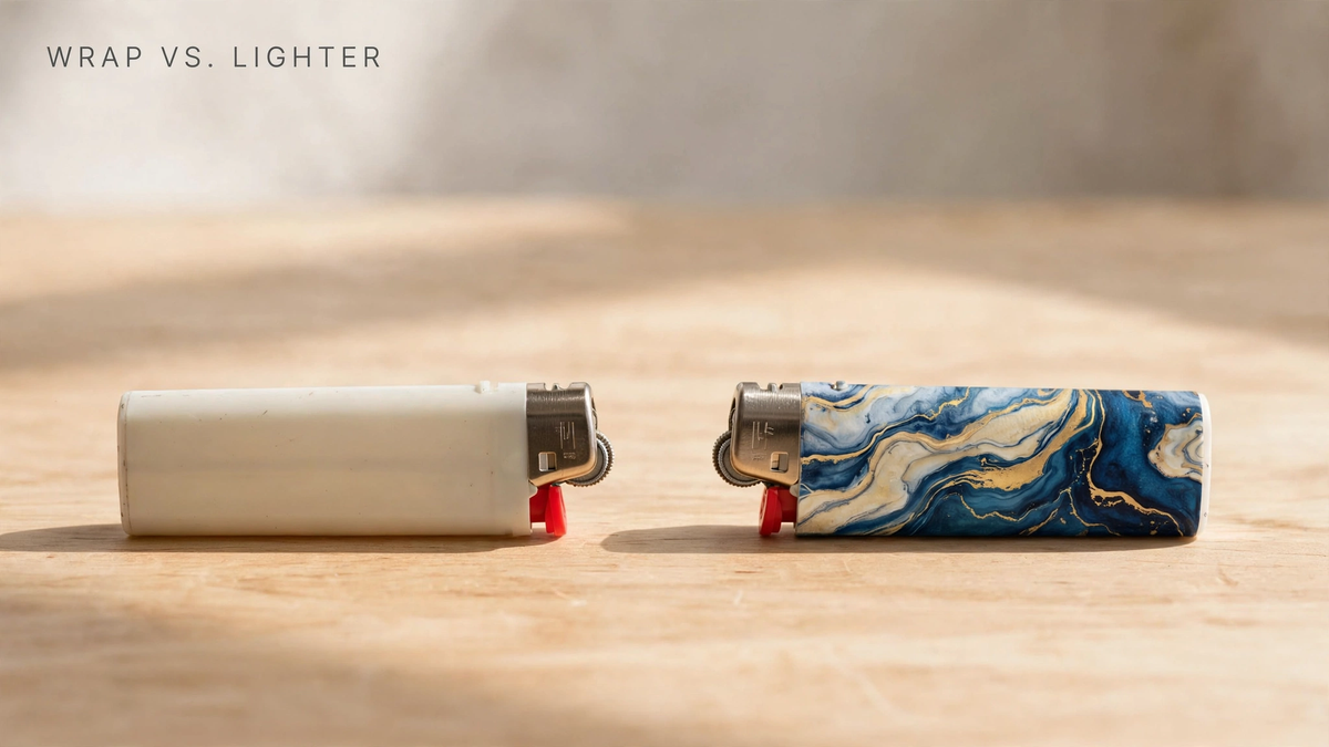 A plain white disposable lighter next to a lighter wearing a blue and gold marbled vinyl wrap on a wooden table.