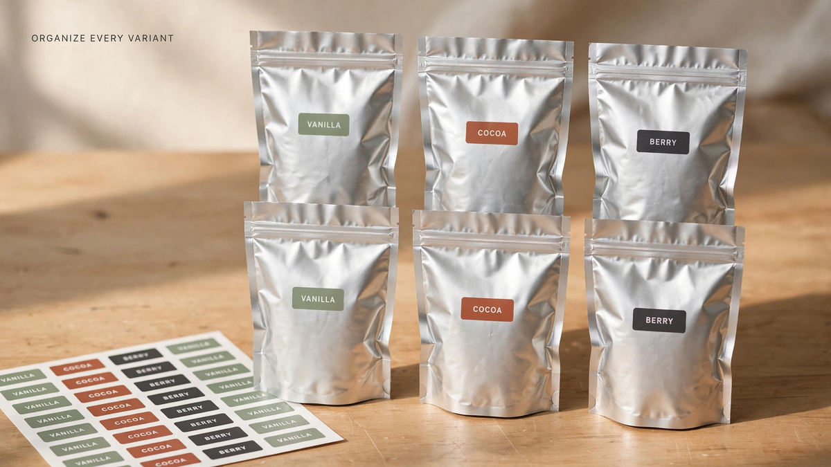 Six silver mylar bags with Vanilla, Cocoa, and Berry variant labels in a neat grid