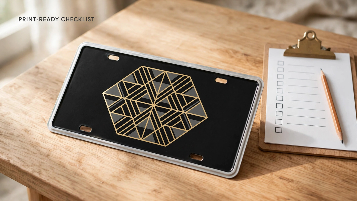 An aluminum novelty license plate with a geometric design next to a clipboard with a blank checklist and pencil on a wooden table.