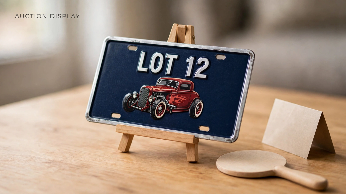 Navy aluminum novelty plate reading LOT 12 with a vintage hot rod on a display easel beside a bid paddle