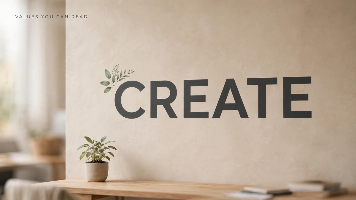 An office wall with a large Create wall decal above a wooden desk