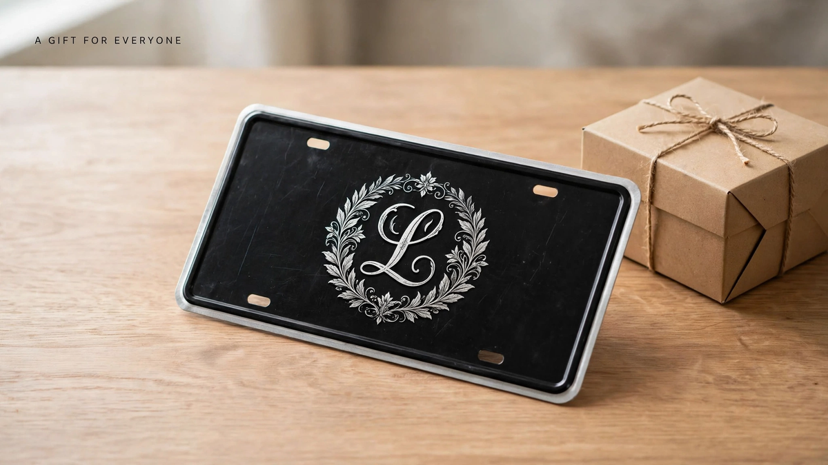 An aluminum novelty license plate with an elegant monogram design leaning against a small twine-tied gift box on a wooden table.