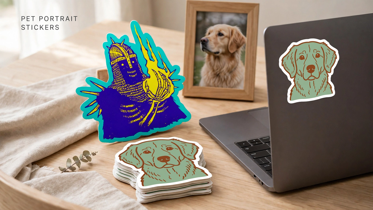 Die-cut stickers of an illustrated dog portrait in a stack and applied to a laptop, beside a framed dog photo