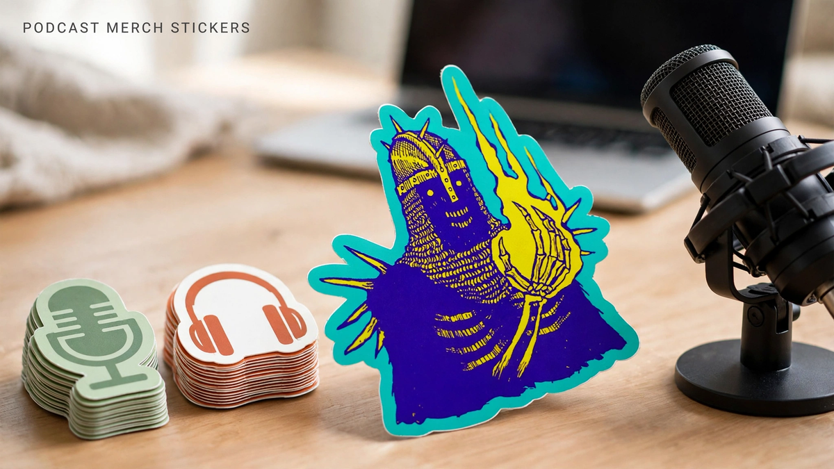 Stacks of die-cut microphone and headphone stickers beside a podcast microphone and laptop