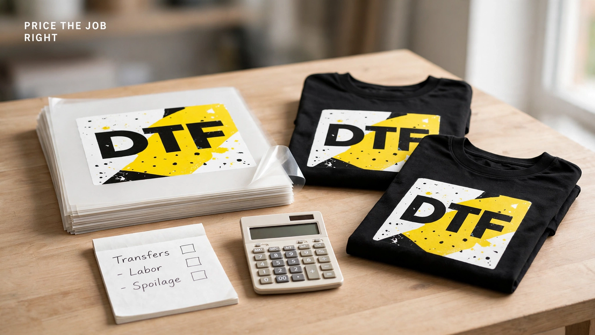 Stack of DTF transfer film sheets, a calculator and a job worksheet with Transfers, Labor and Spoilage rows beside pressed t-shirts
