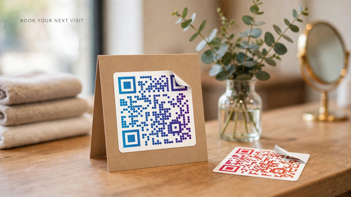 QR appointment sticker on a tent card at a salon reception counter