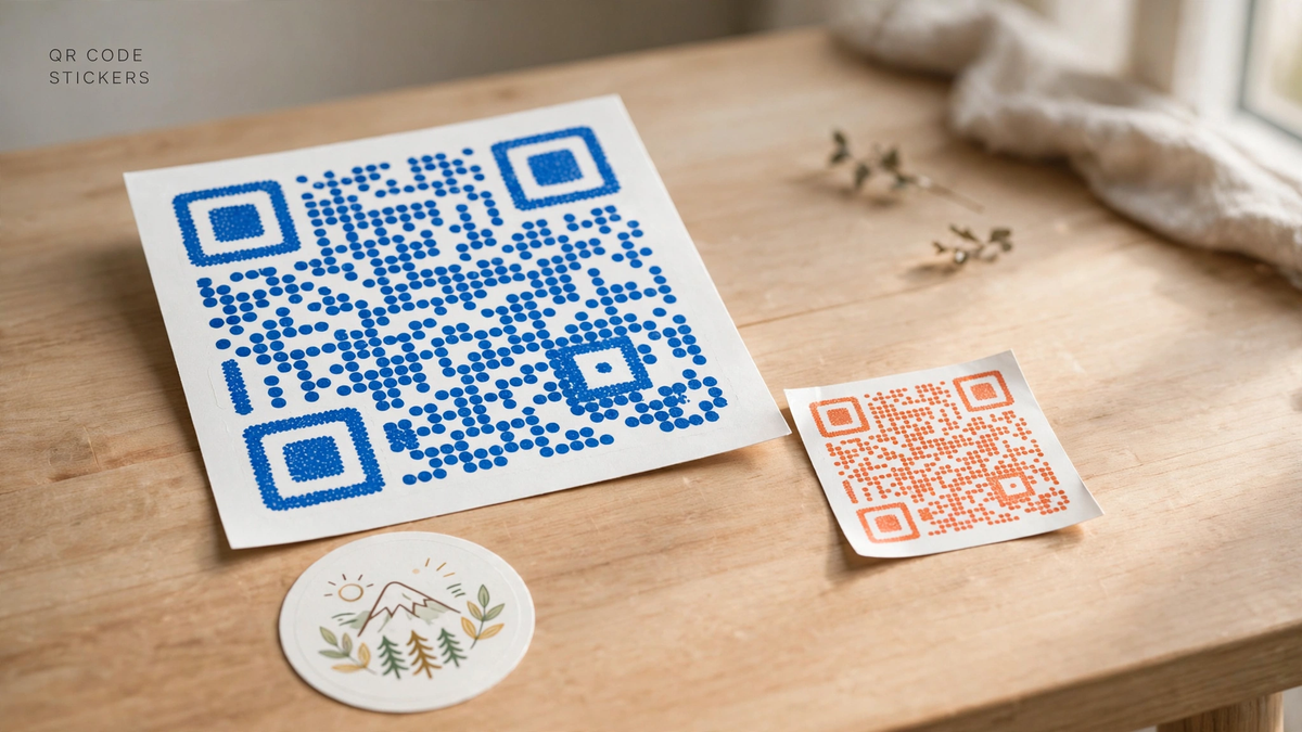 Square QR code dot-pattern stickers in large and small sizes beside a round sticker on a wood table.