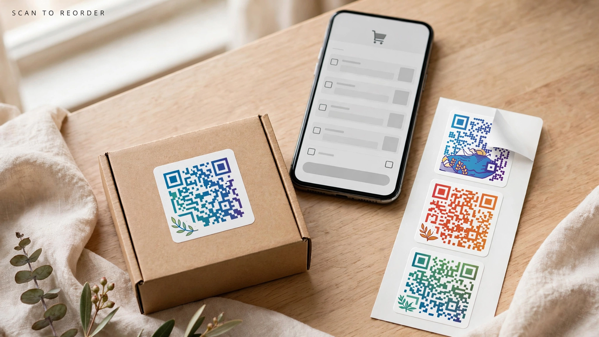 QR reorder sticker on a kraft package beside a smartphone and a strip of QR stickers