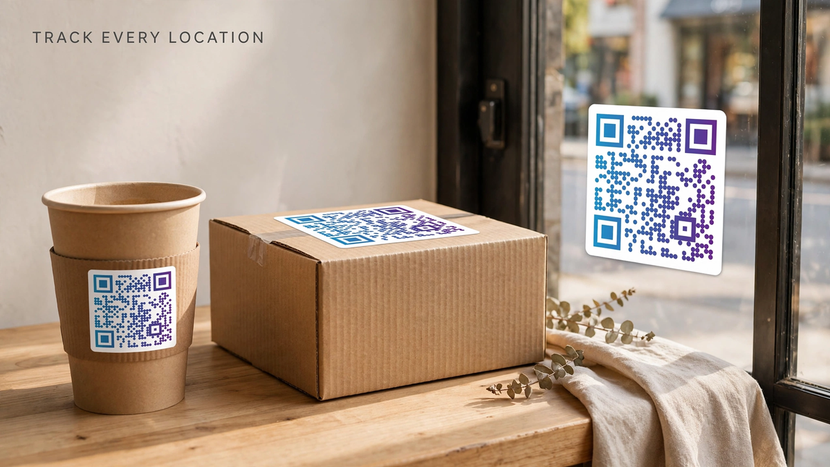 The same QR sticker design applied to a coffee cup sleeve, a delivery box, and a storefront window