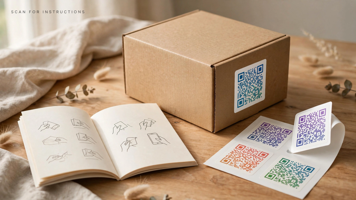 Square QR code stickers on a kraft product box and backing sheet beside an instruction booklet
