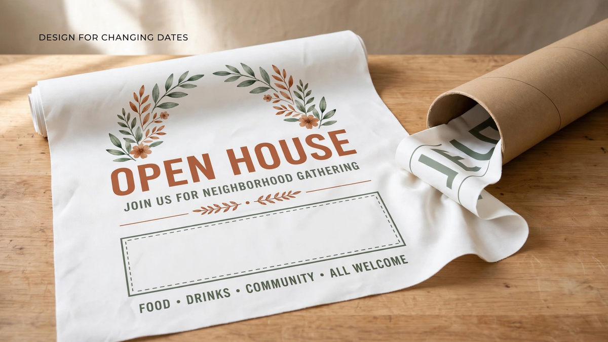 A printed fabric vinyl banner unrolling beside its kraft shipping tube on a wood table