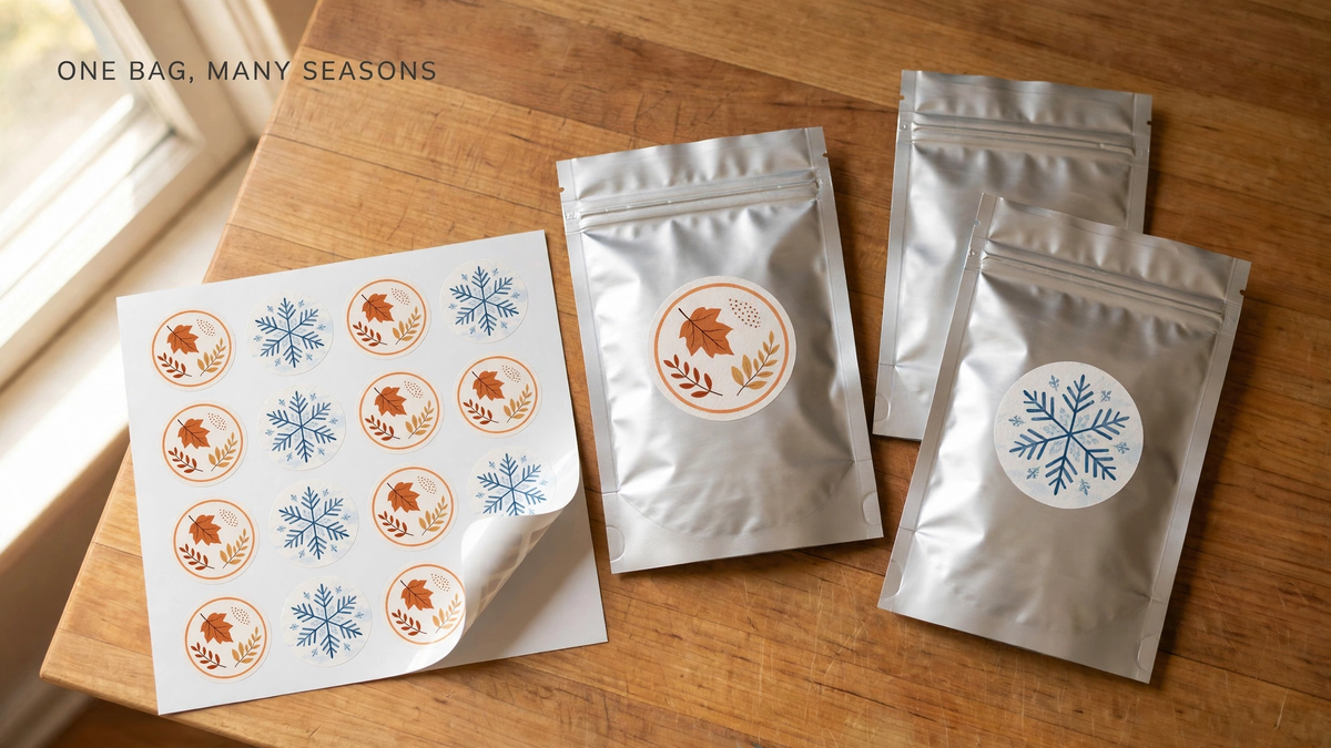 Silver mylar bags wearing autumn and winter seasonal labels beside a label sheet