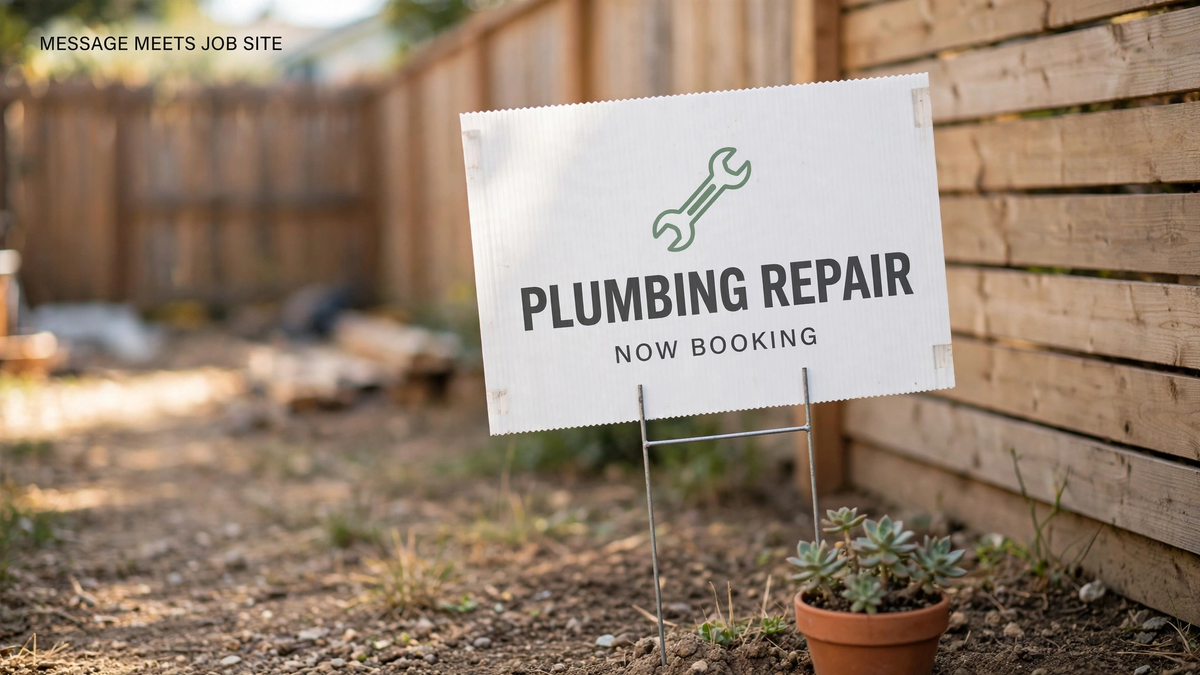 A white corrugated yard sign advertising plumbing repair staked beside a wooden fence