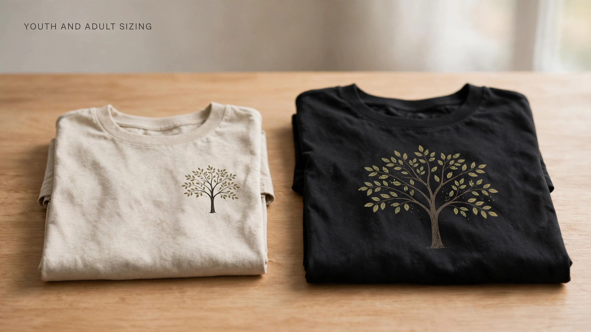 A youth tee and an adult tee with proportionally sized tree prints.