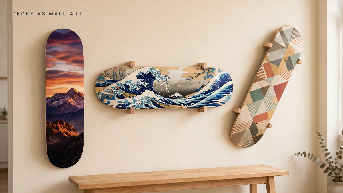 Three custom printed skateboard decks mounted on a wall in vertical, horizontal and diagonal orientations