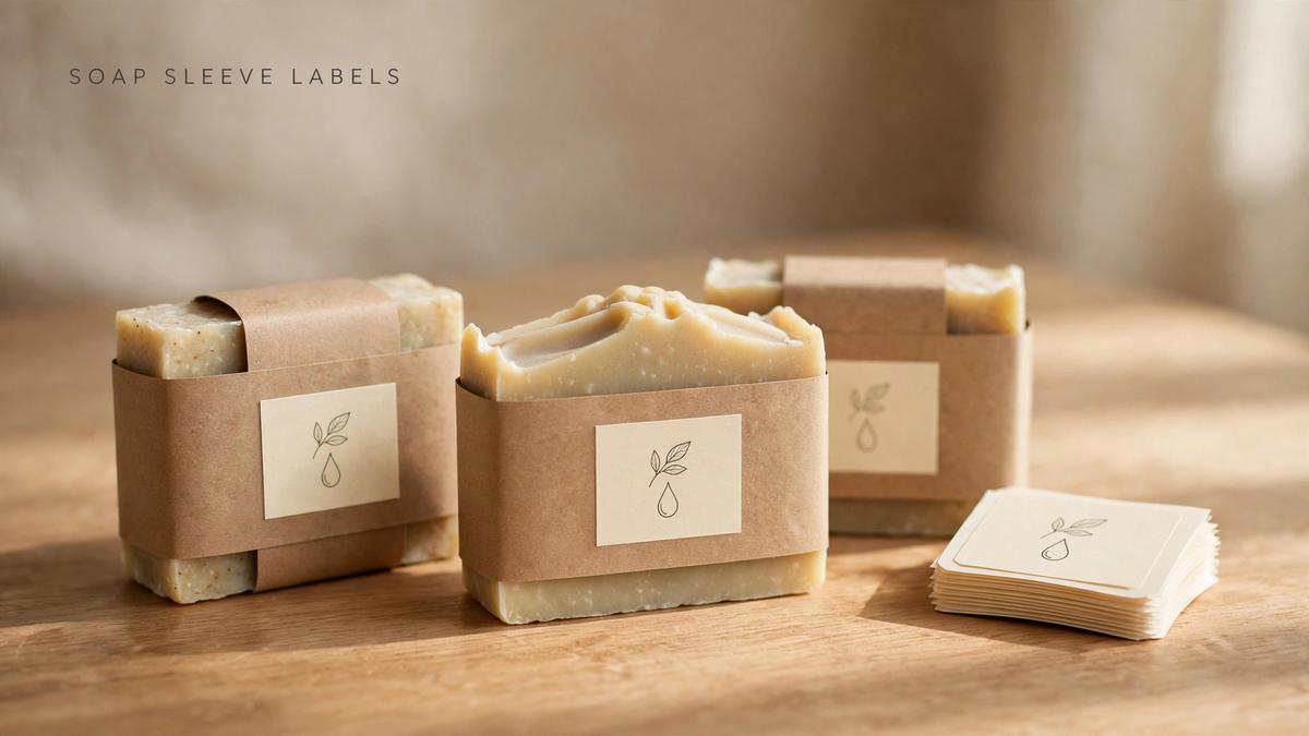 Handmade soap bars in kraft belly-band sleeves with small leaf-motif labels, plus a stack of spare labels.