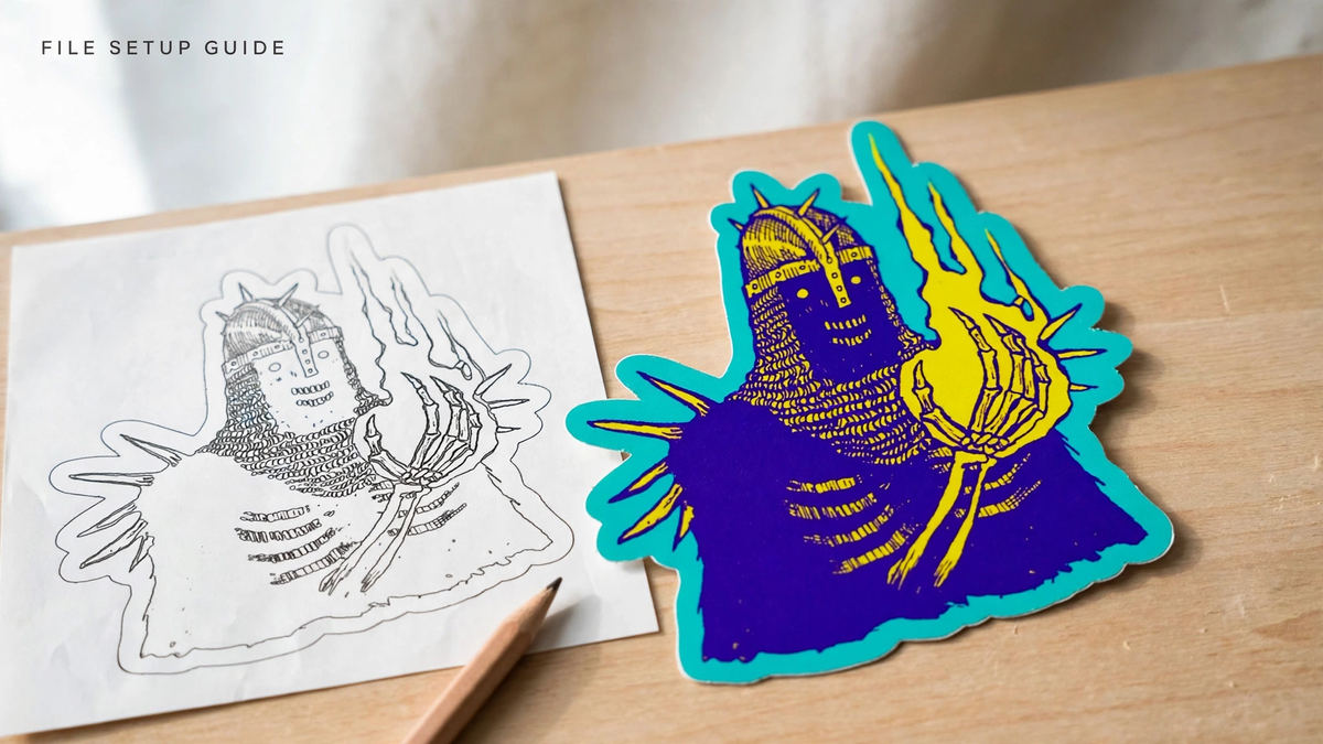 A finished die-cut sticker beside a printed proof sheet with a cut-line outline and a wooden pencil.