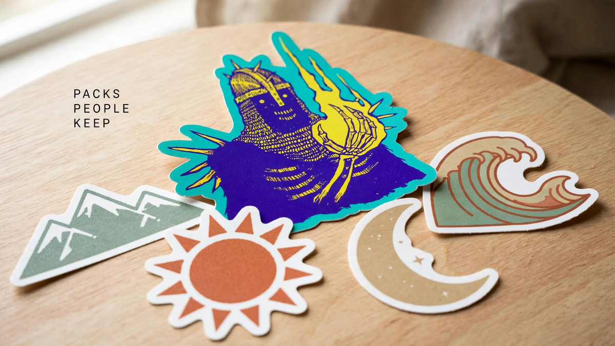 A fanned collection of die-cut vinyl stickers with mountain, sun, moon, and wave artwork on a wooden table.