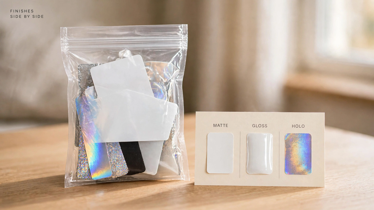 A clear sample pouch with sticker swatches beside a Matte, Gloss, Holo comparison board