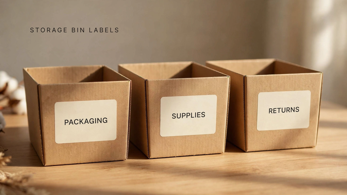 Three kraft storage bins labeled Packaging, Supplies and Returns.