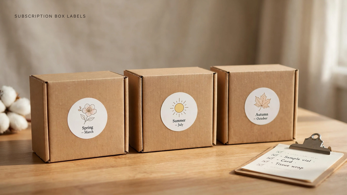 Three kraft subscription boxes with spring, summer and autumn themed labels beside a packing checklist.