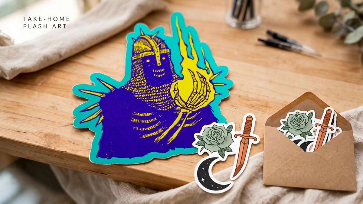 Die-cut flash-art stickers of a rose, dagger, and crescent moon beside a kraft take-home envelope