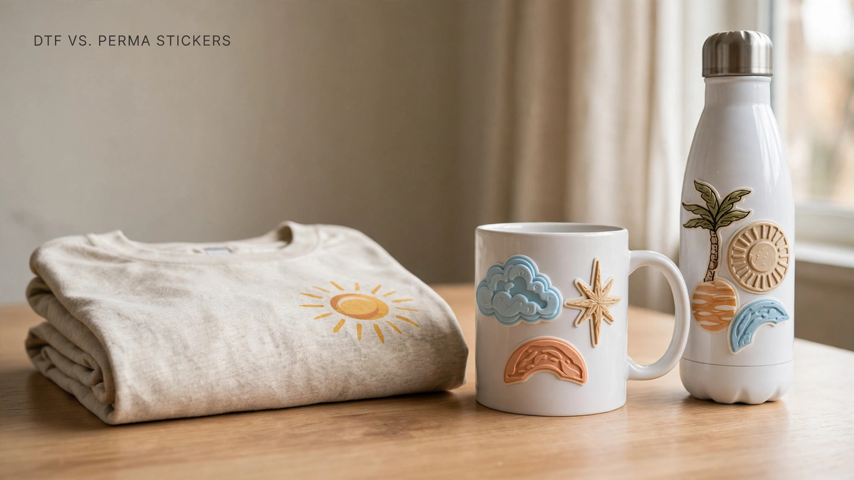 Printed t-shirt beside a mug and water bottle decorated with raised 3D stickers