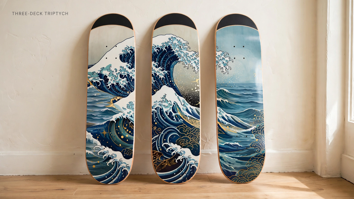 Three skateboard decks standing side by side forming a coordinated blue wave triptych