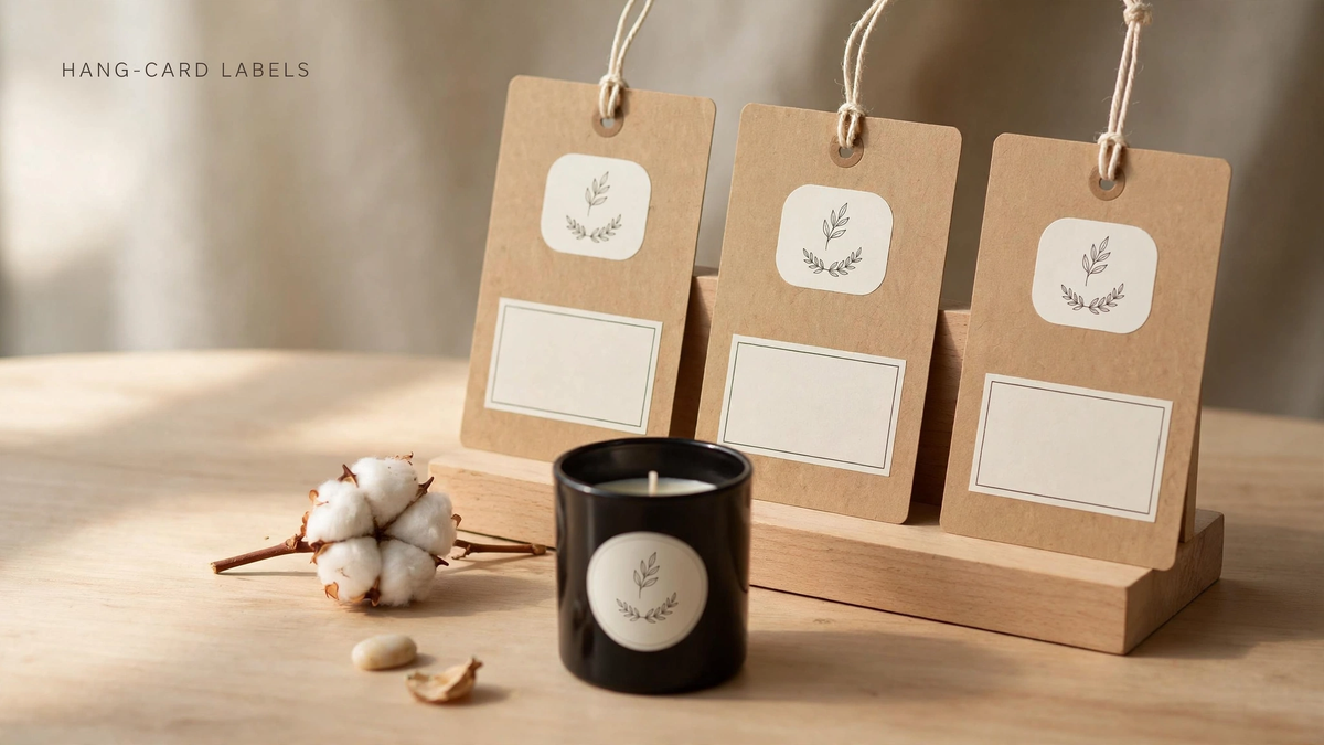 Kraft hang cards on a wooden stand, each with a brand label on top and a separate blank price box below.