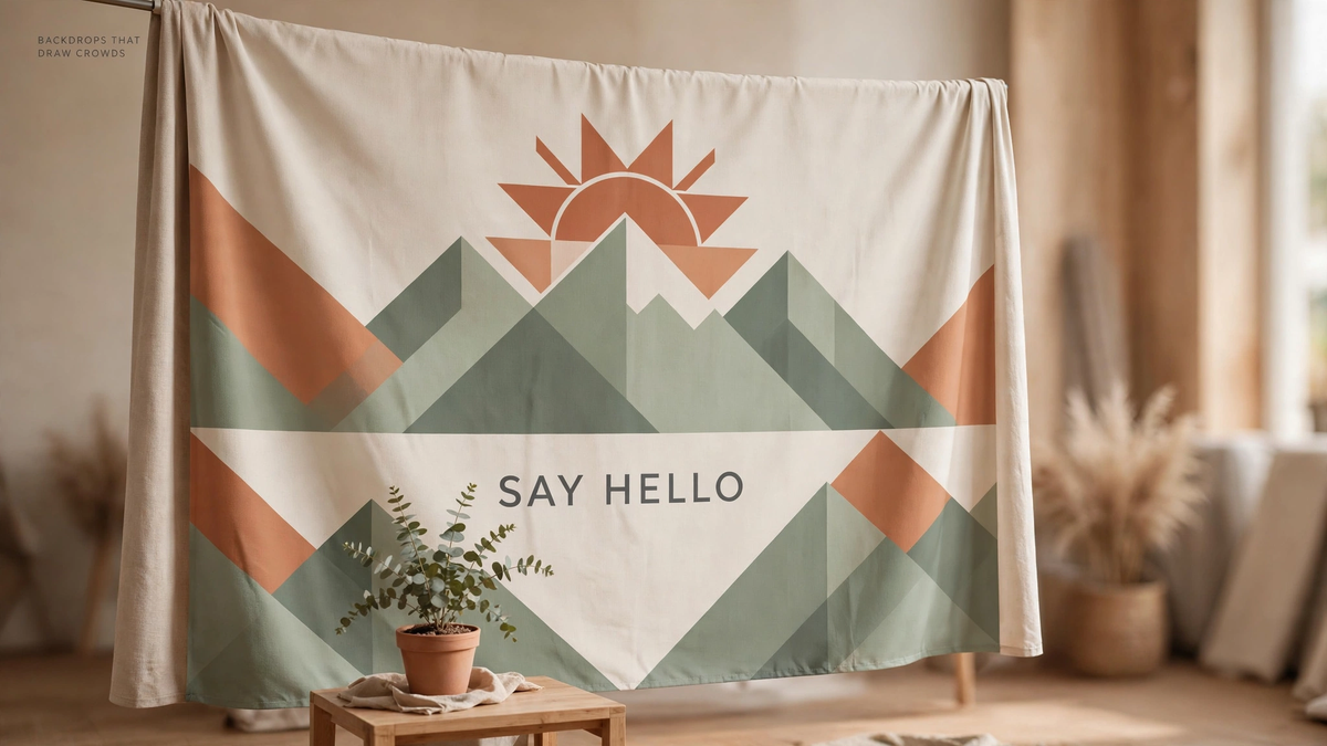 A large printed fabric banner with mountain art used as a photo backdrop with a side table
