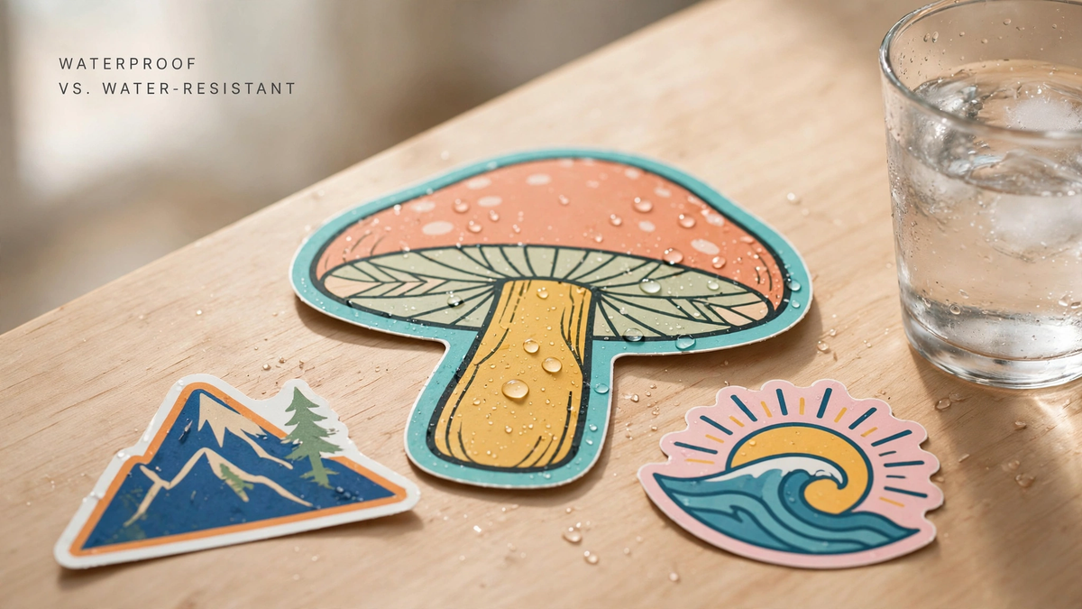 Die-cut vinyl stickers with water droplets beading on them beside a glass of water on a wood table.