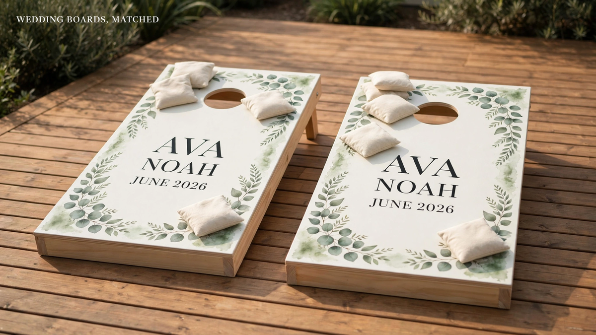 Two matching ivory wedding cornhole boards with eucalyptus borders reading AVA NOAH JUNE 2026