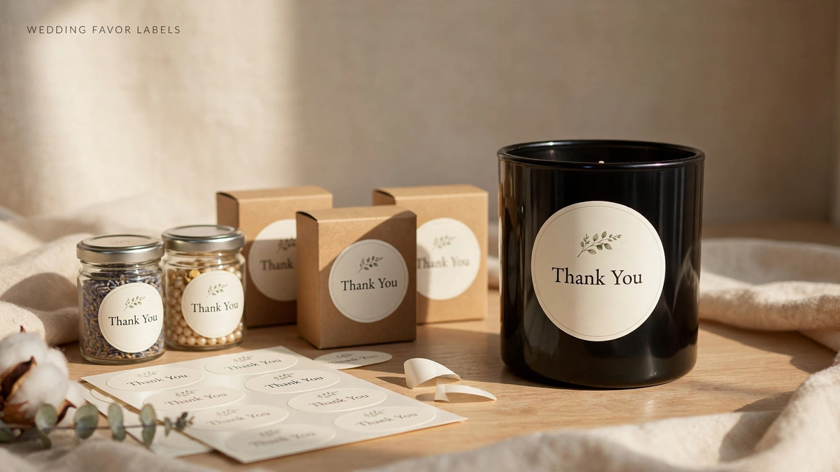 Oval Thank You vinyl labels on wedding favor jars, kraft boxes, and a black vessel
