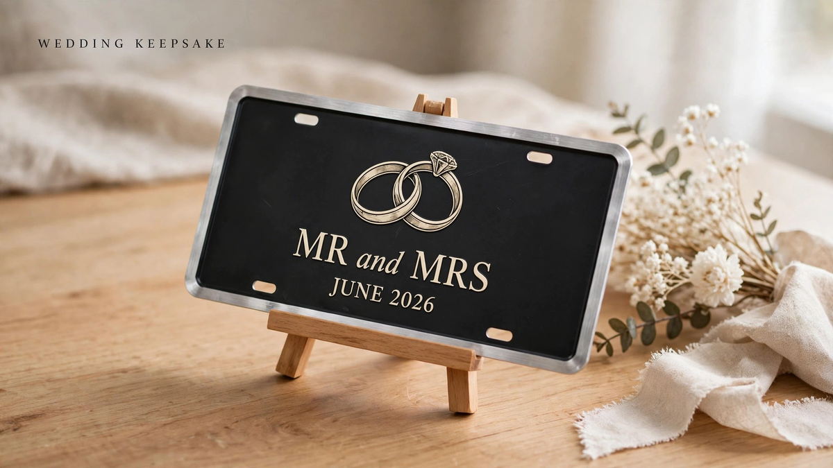 Ivory aluminum wedding keepsake plate with intertwined rings reading MR and MRS on a wooden easel beside white flowers