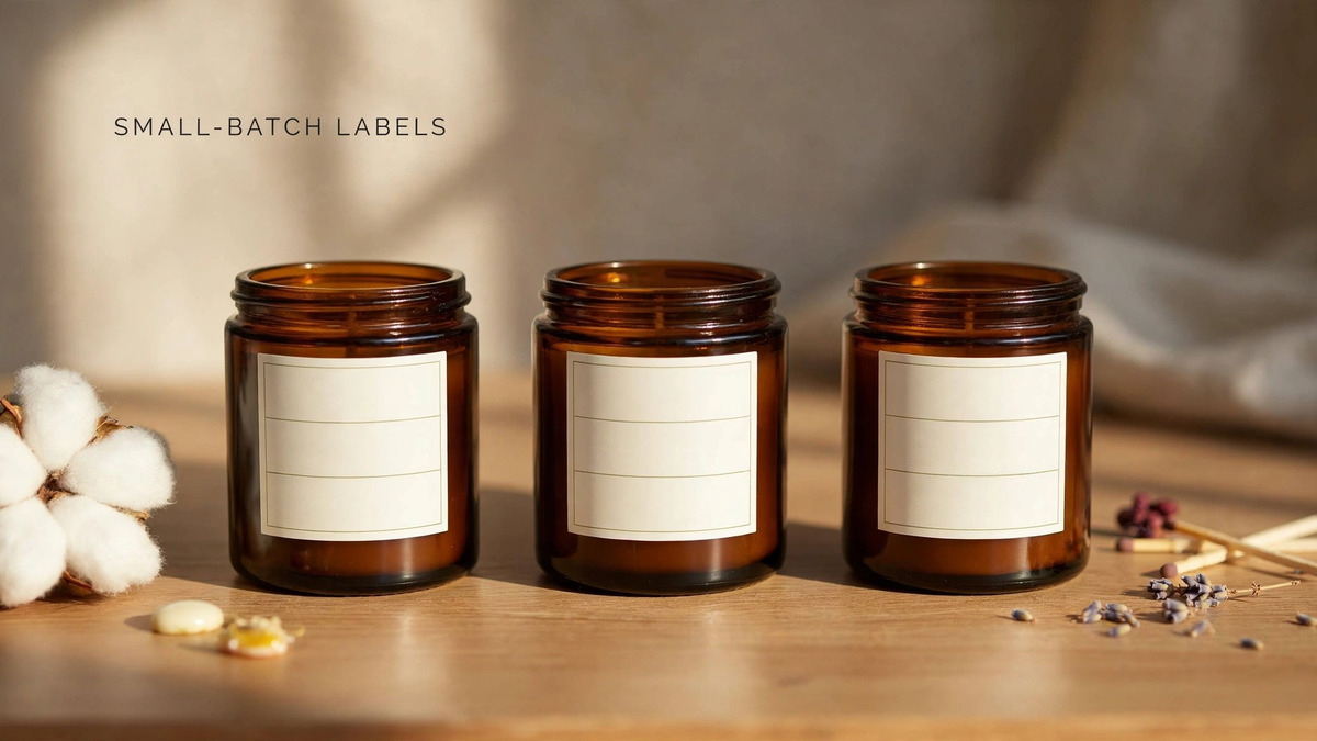 Three small amber jars with blank divided-section labels in a row