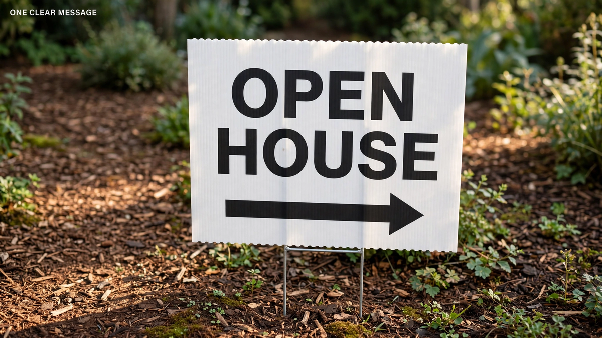 A white corrugated yard sign on a metal H-stake reads OPEN HOUSE with an arrow, planted in a garden bed.
